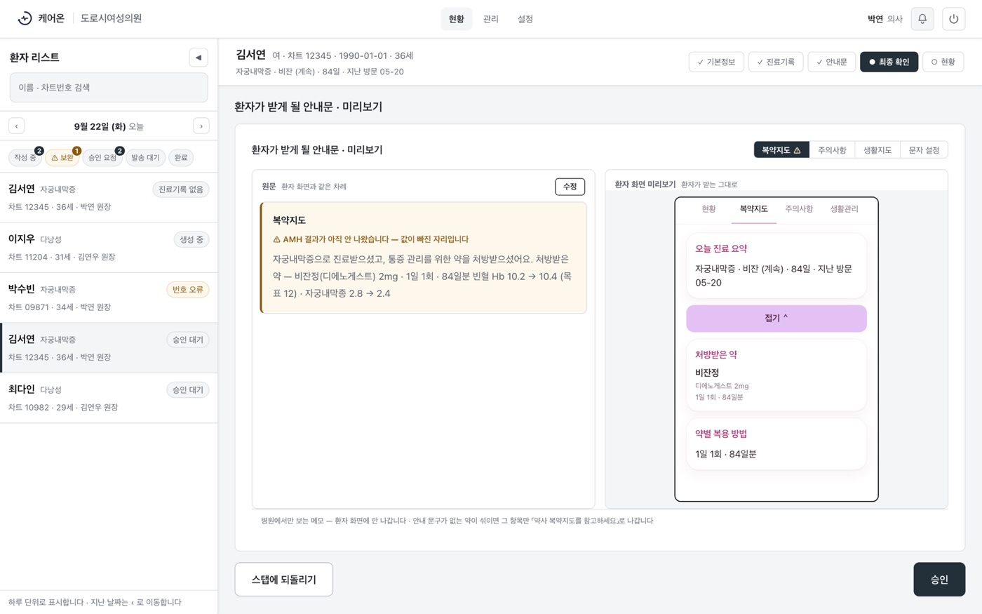 의사 승인 화면. 왼쪽 환자 리스트, 가운데 안내문 원문, 오른쪽 환자 휴대폰 미리보기와 승인 버튼