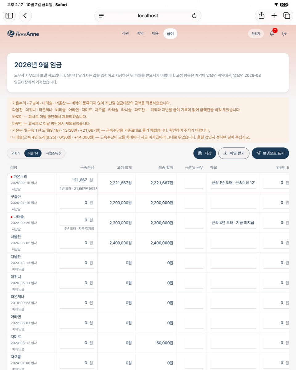 이달 임금 자료 화면. 직원별 기본급과 수당 칸, 비어 있는 사람을 표 위에 모아 알림